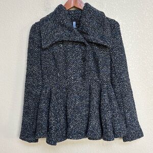 Free People Dark Blue Black Textured Peplum Jacket Coat Women’s 6 Warm Tweed